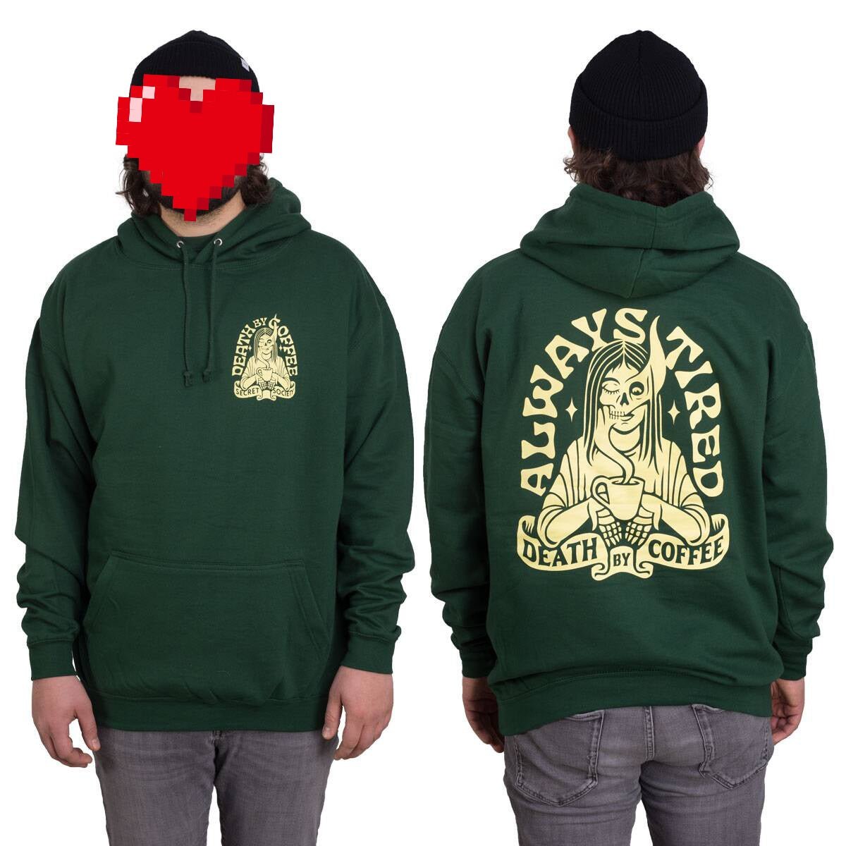 Death By Coffee "Tired Girl" Hoodie Dark Green - Rollbrett Mission