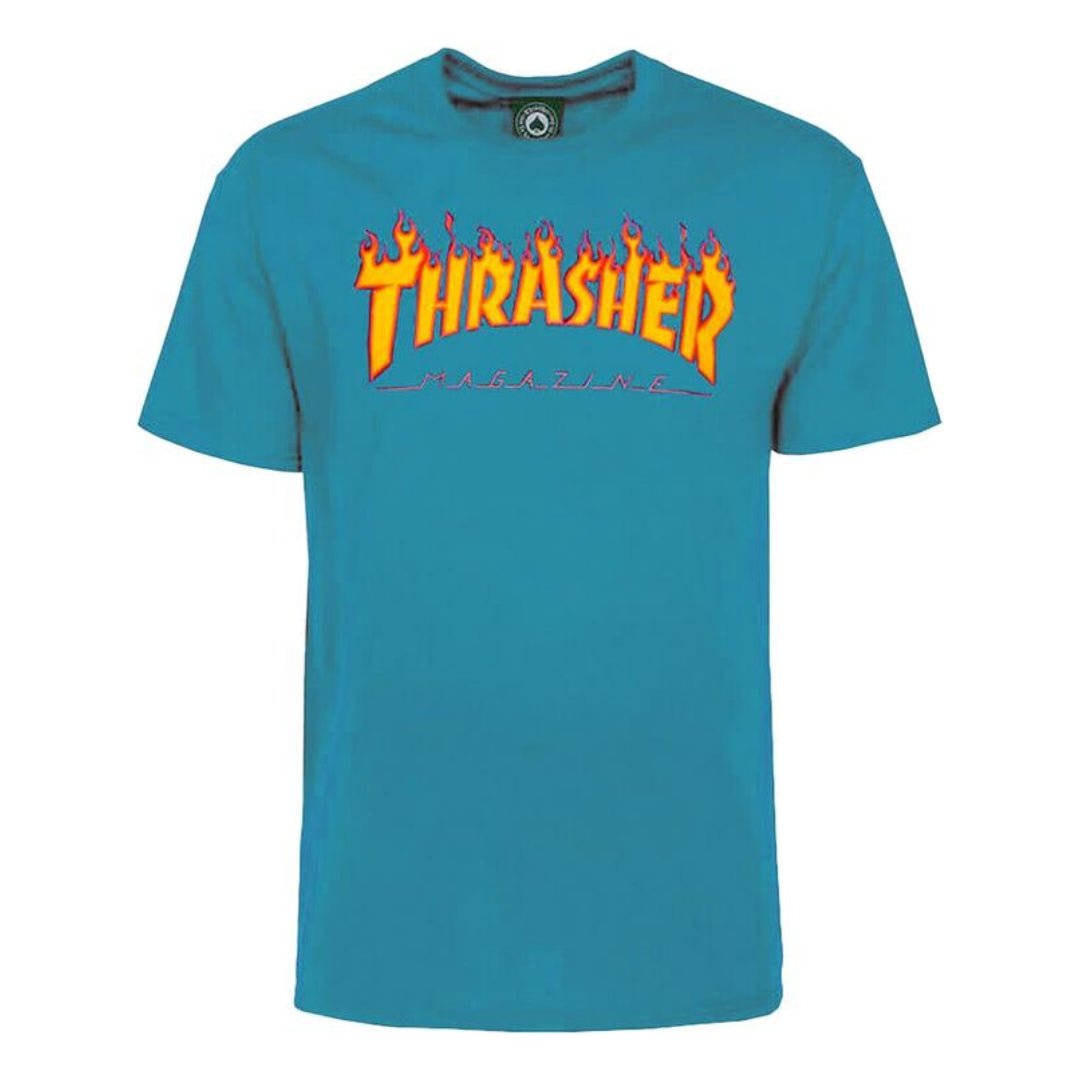 T-Shirt Thrasher Flame Logo galapagos blue - Rollbrett Mission