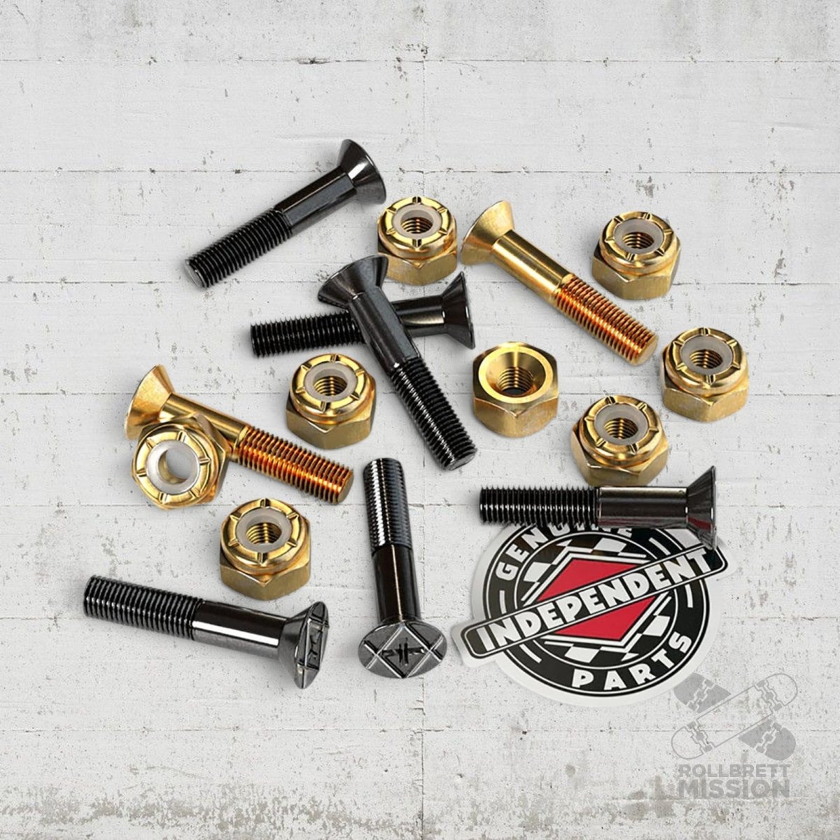 Independent 1" Kreuz Montageschrauben Bolts black gold - Rollbrett Mission