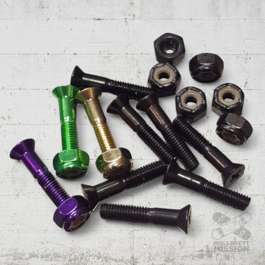 Montageschrauben Bunt 1" Kreuz 3x colored 6x black Skateboard Bolts - Skateboard - Kleinteile - Rollbrett Mission