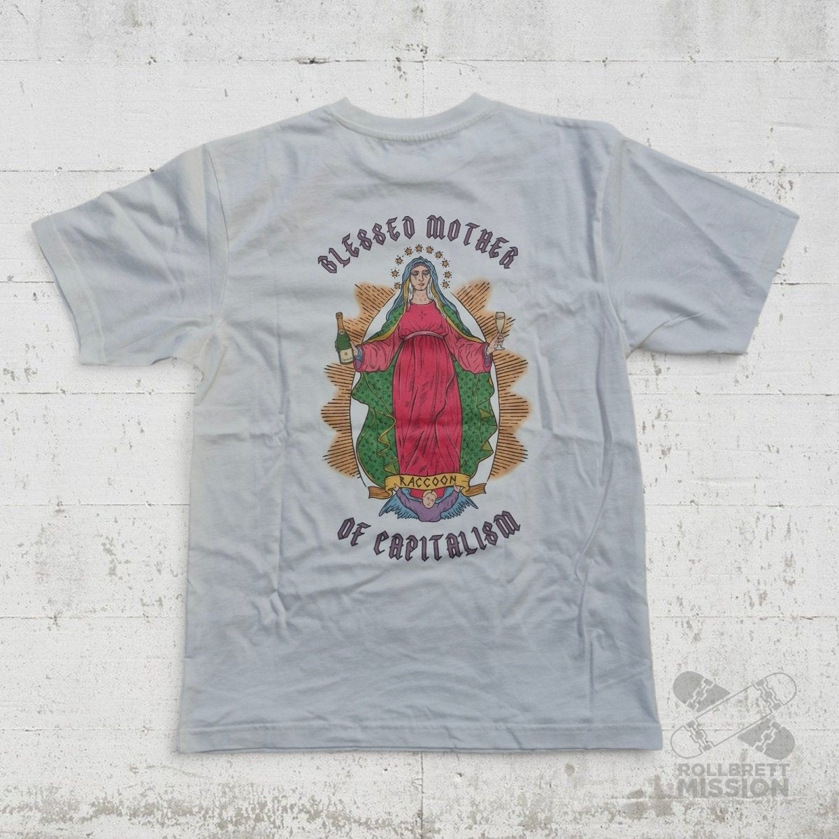 Raccoon T-Shirt Blessed Mother white - Rollbrett Mission