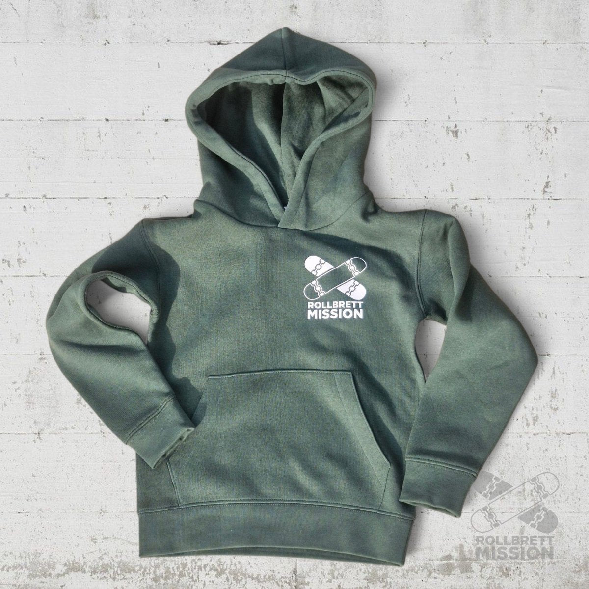 Rollbrett Mission Kids Hoodie Mini Logo bottle green - Shirts & Tops - Rollbrett Mission