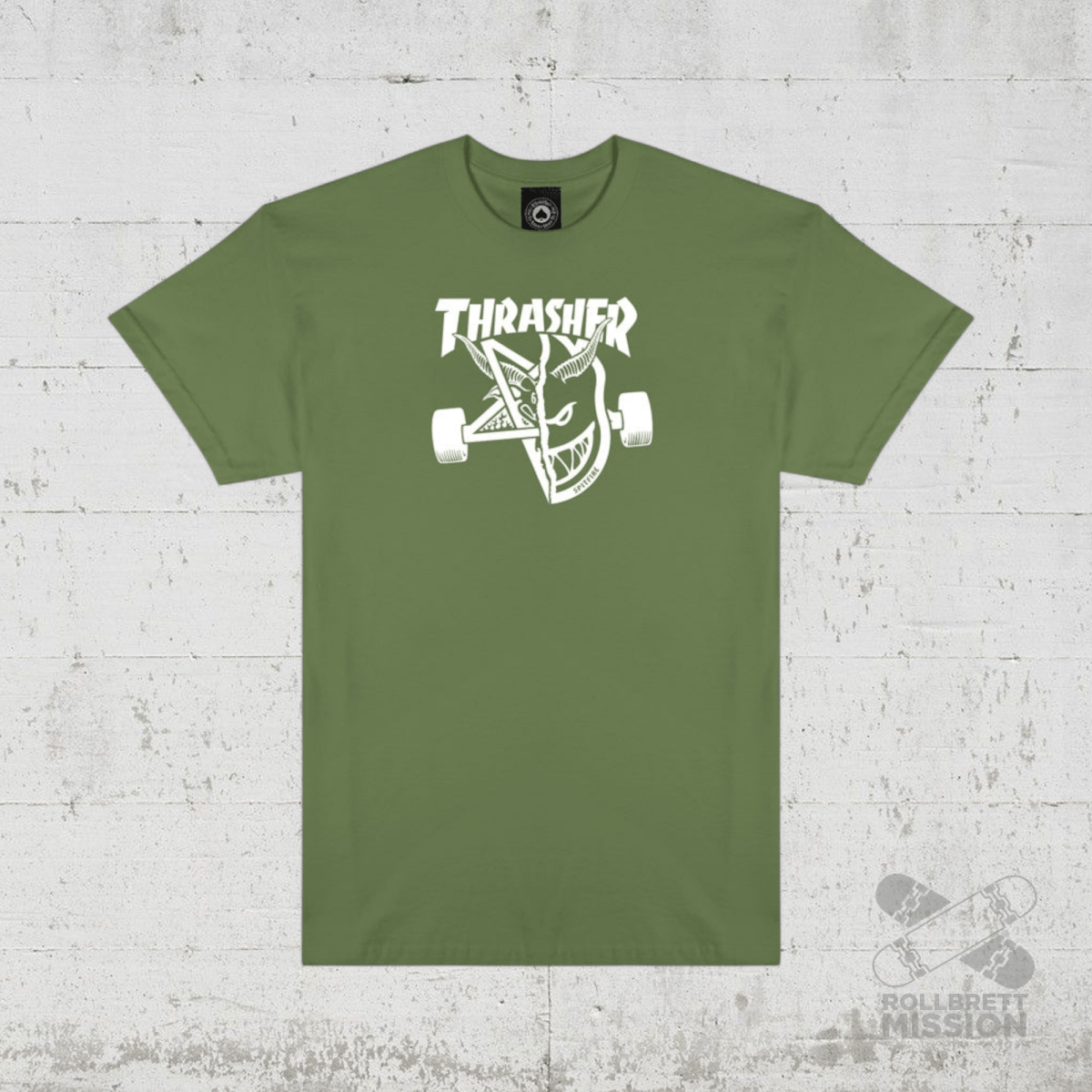 Thrasher x Spitfire T-Shirt Thrash & Burn military green - Rollbrett Mission